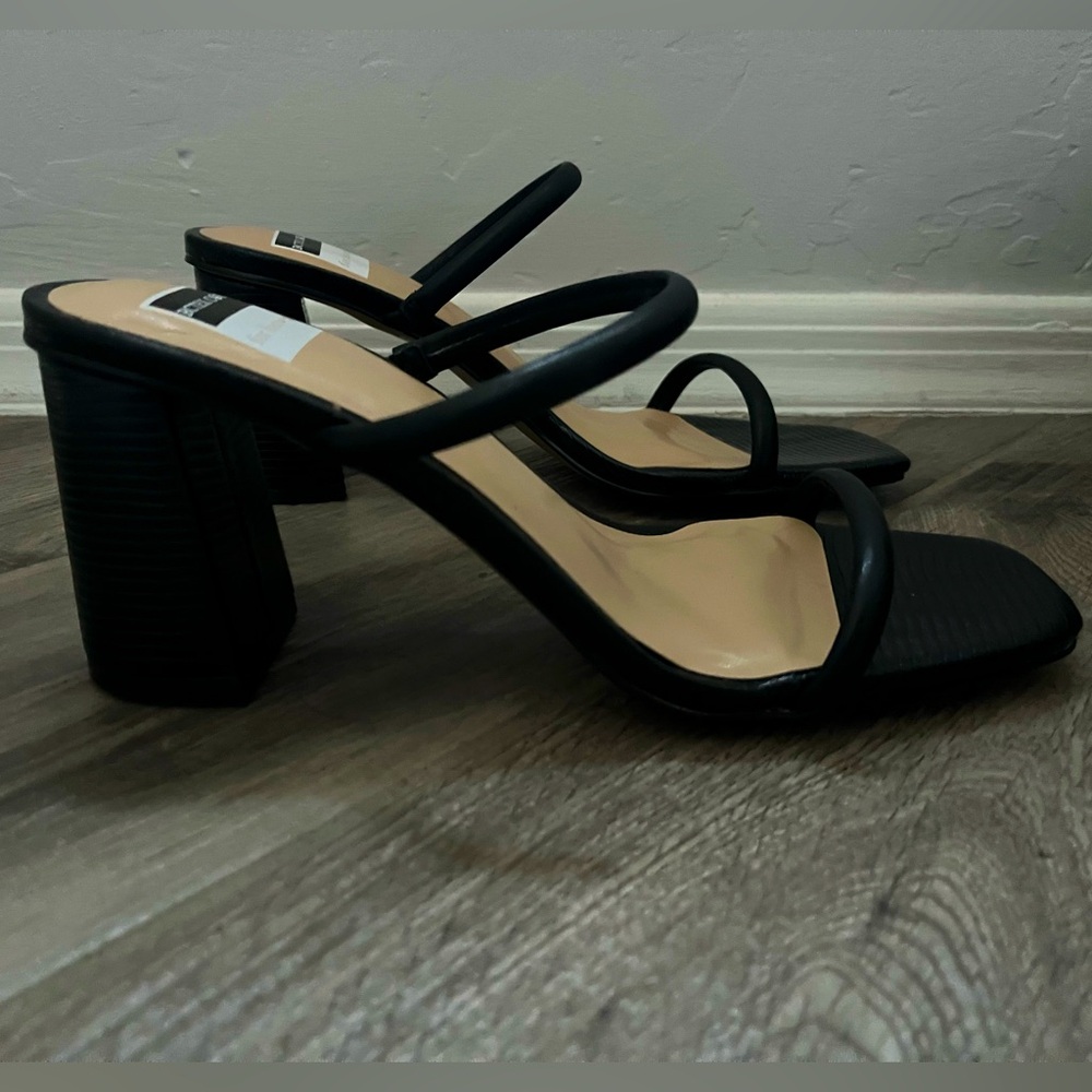 Comfortable soft insole, Square toe, Two strap, High heeled sandal in black. 3”